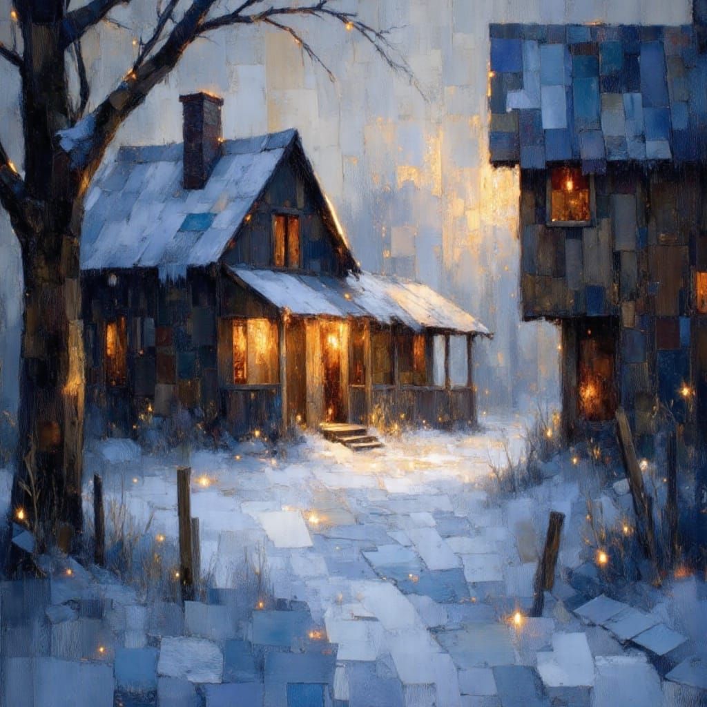 Snow Covered Farmhouse in Gentle Twilight Style