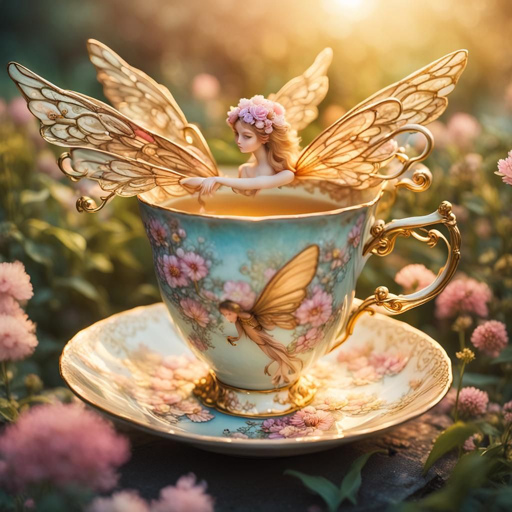 Floral Fairy with Golden Wings in Arthur Rackham Style