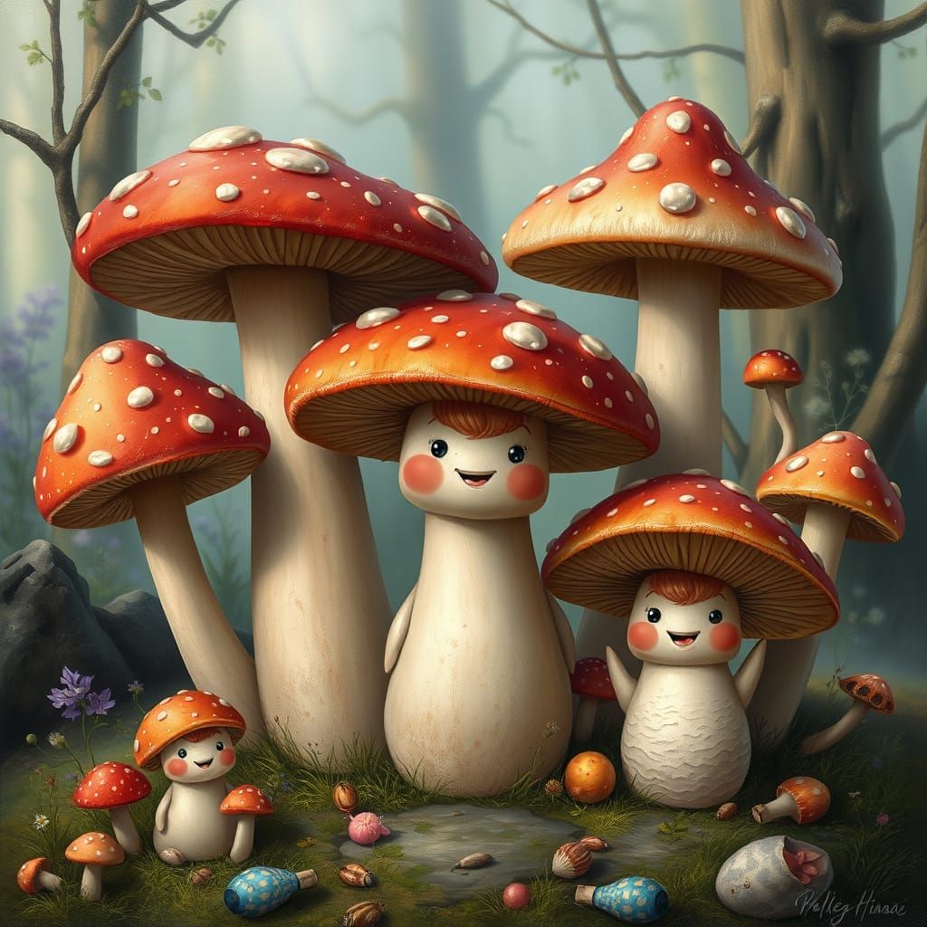 A whimsical and enchanting illustration of a diverse collection of anthropomorphic mushrooms. They display a range of si...