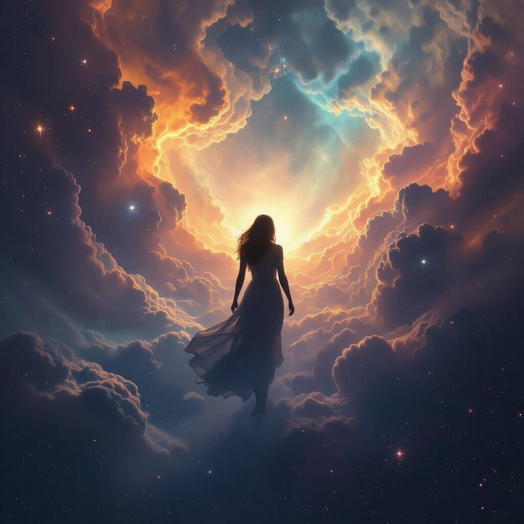 Woman Adrift in Cosmic Nebula, Hyperrealistic Style