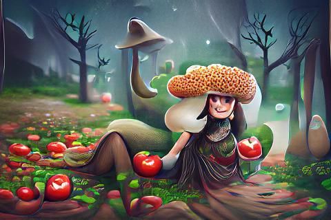 Mushroom Witch with Apple, Digital Artwork