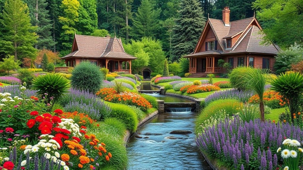 Dreamy Landscape of Vibrant Florals and Majestic Greenery