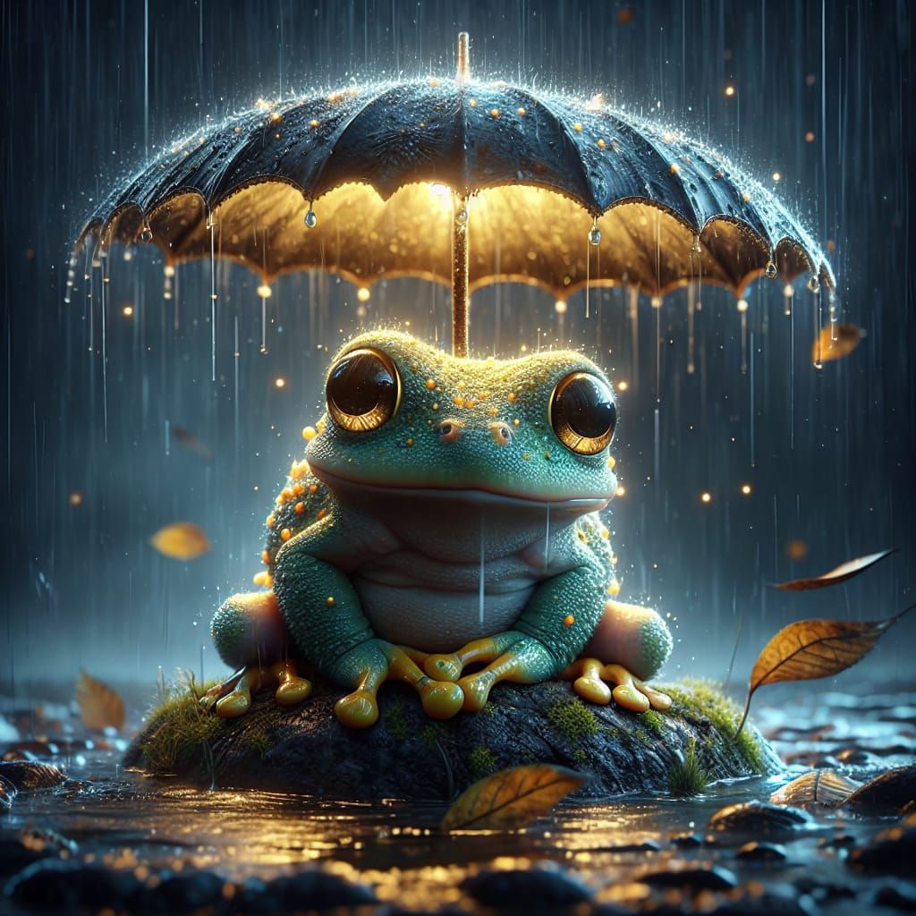 Frog in Whimsical Nighttime Scene as Detailed Matte Painting