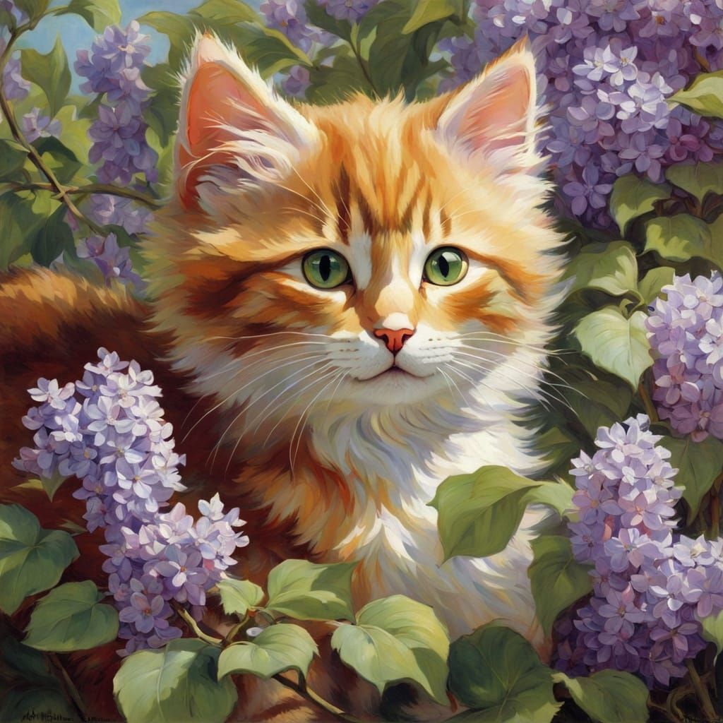 Fluffy Marmalade Kitten Amidst Vibrant Lilacs in Anime Style