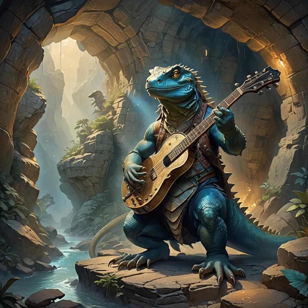 Giant Lizard Plays Banjo in Mystical Cave