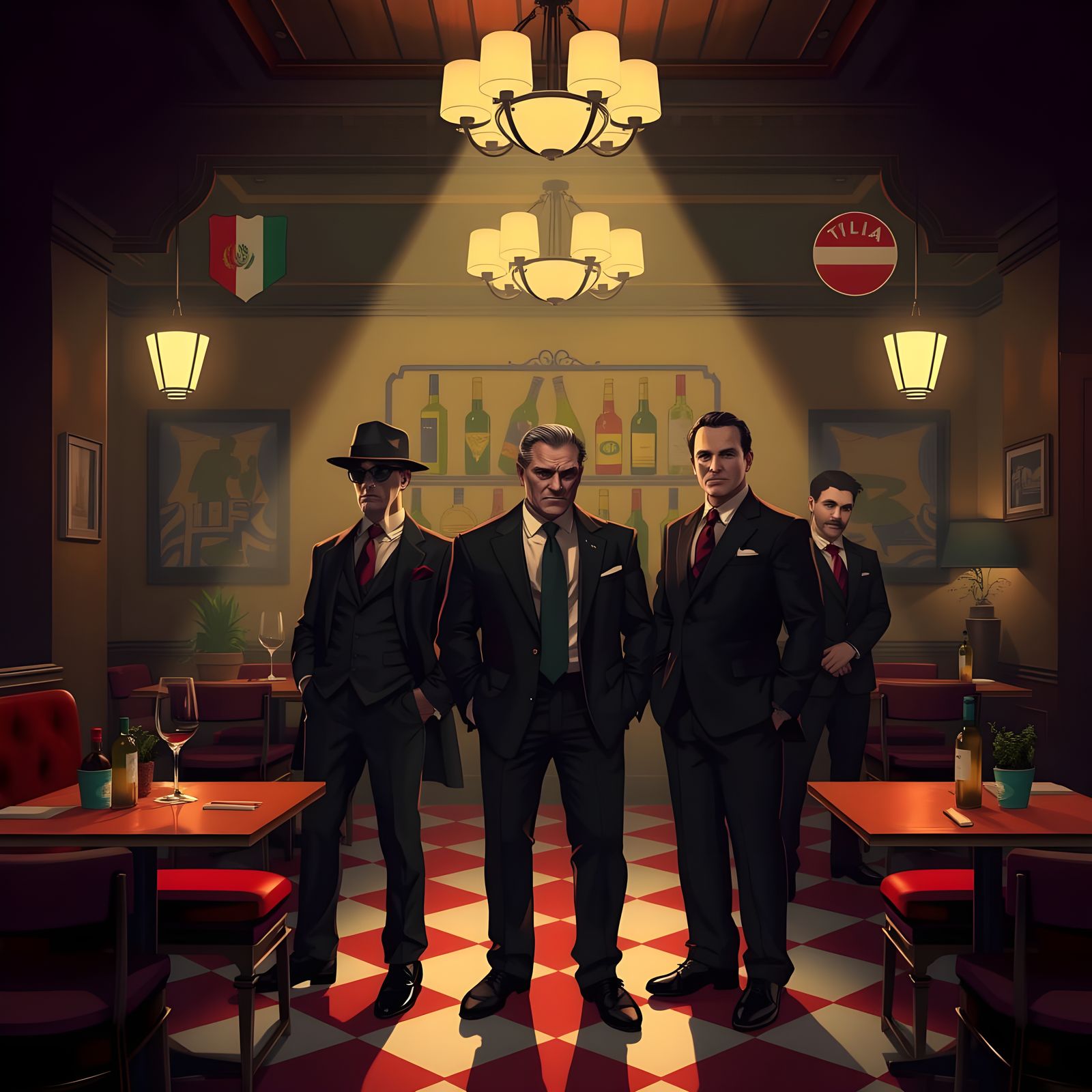 Mafia Members in Restaurant, Film Noir Aesthetic