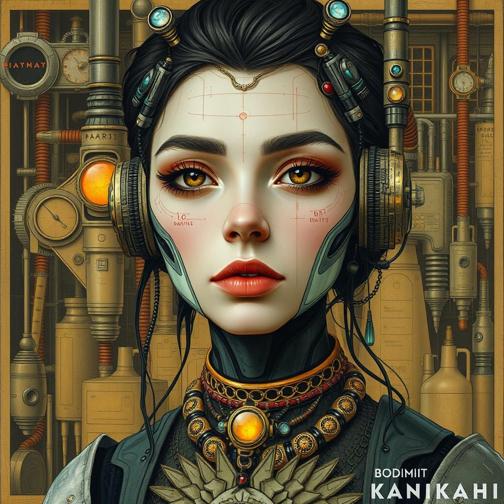 portrait android factory dystopian schematics biopunk botani...