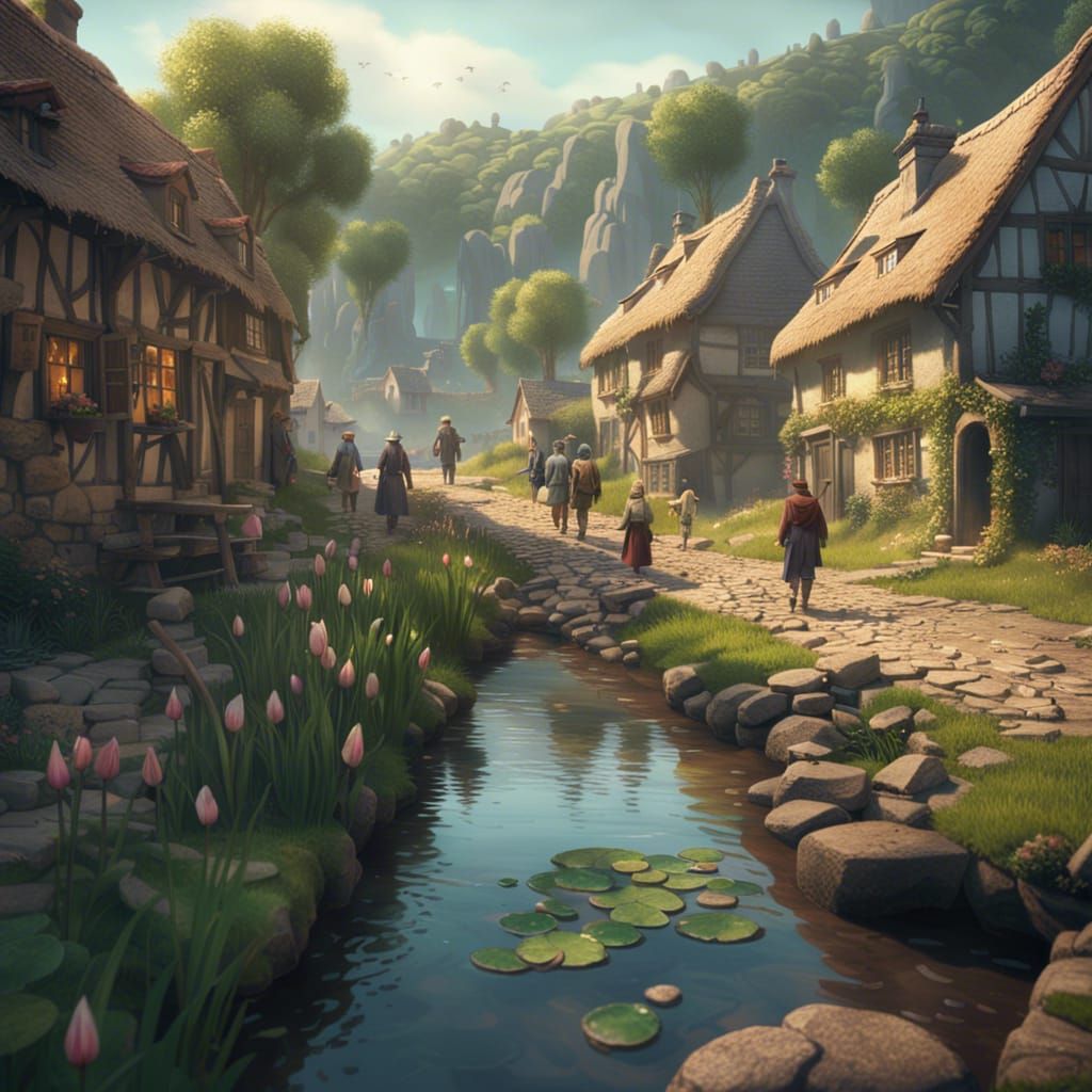 Medieval Village at Dusk in High Fantasy Style