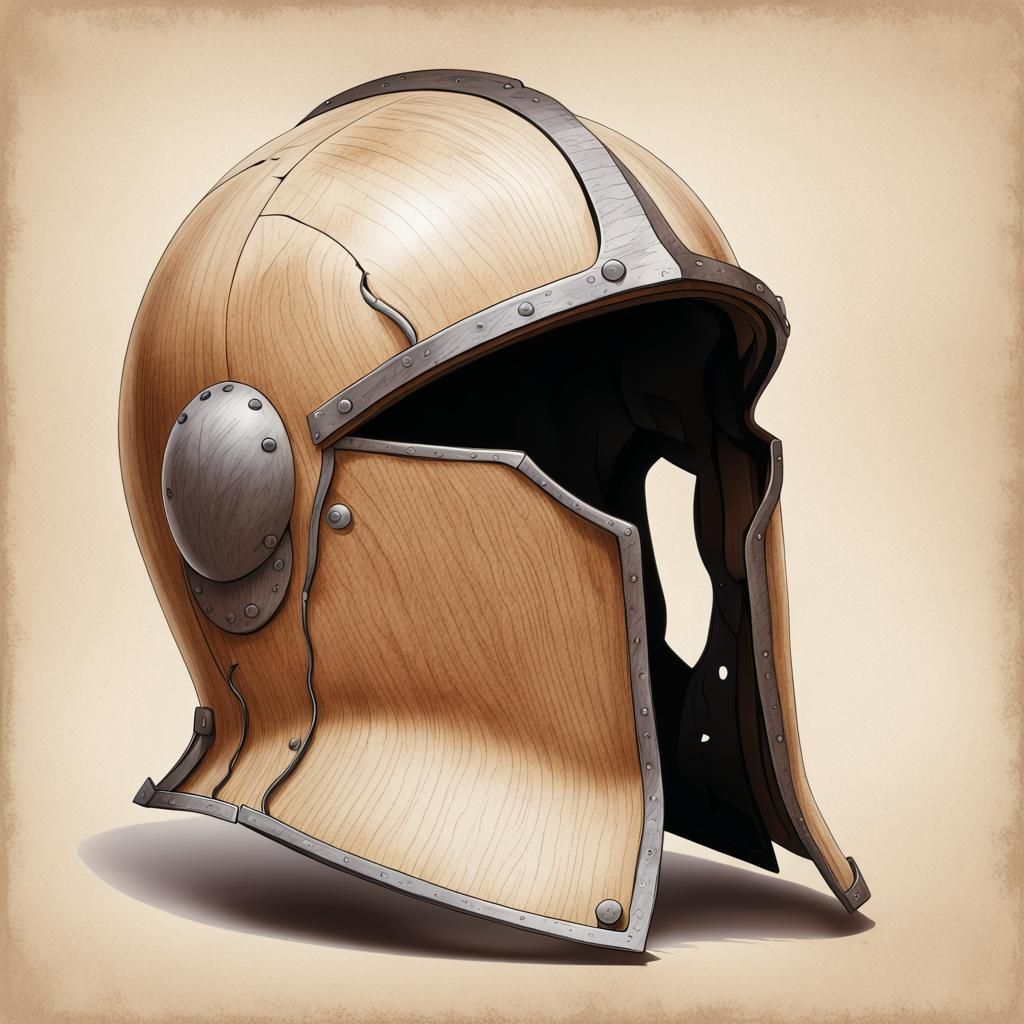 Ancient Cracked Helmet in Cartoon Pencil Drawing