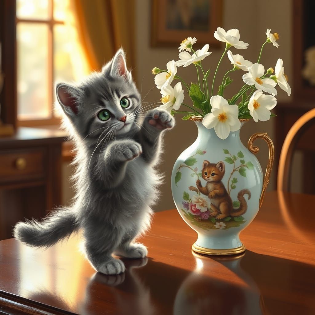mischevious kitten about to push a vase from a table