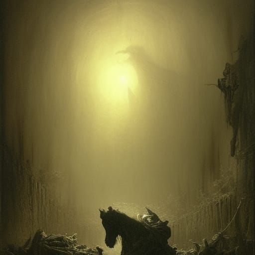 Zombie Horse Devouring Animals in Dark Landscape