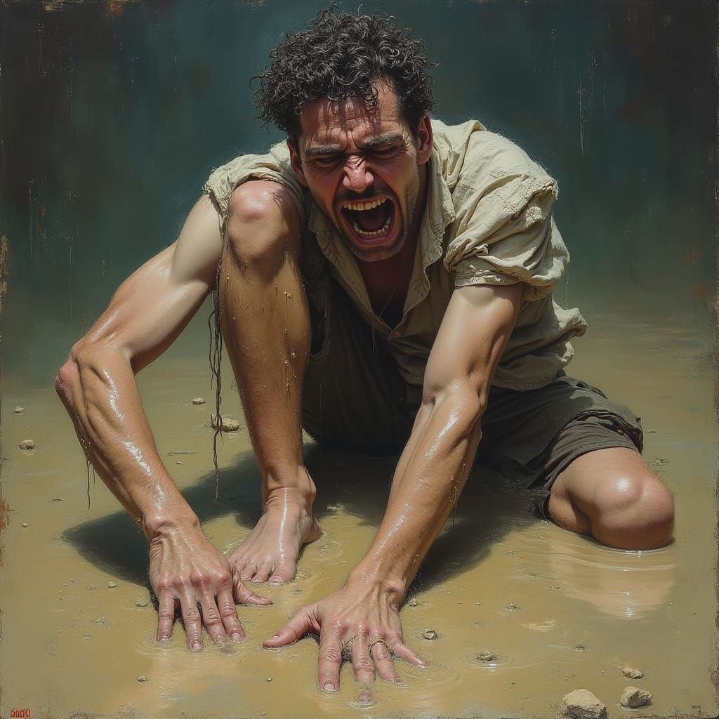Man Sinking in Sticky Quicksand as Impasto Painting