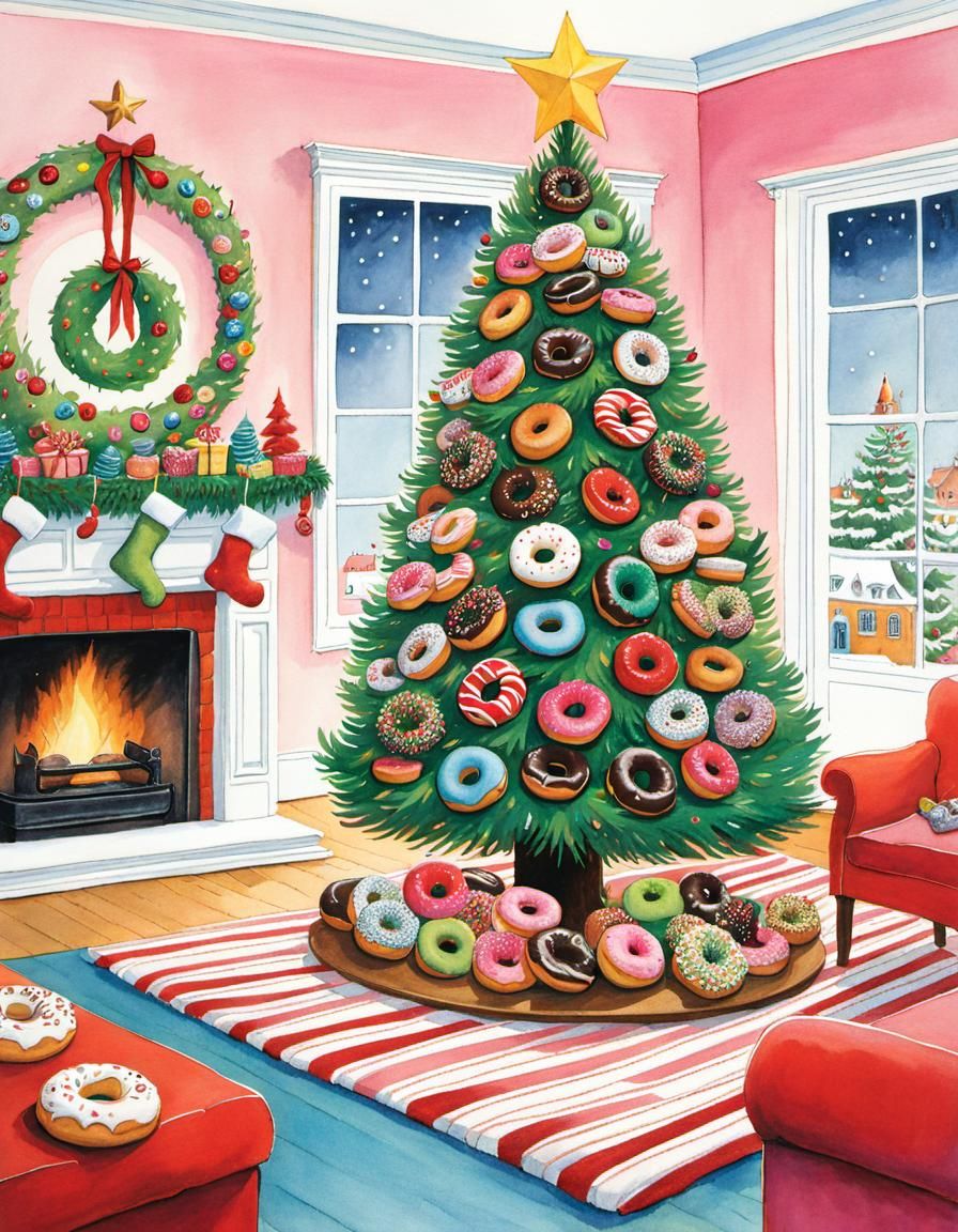 Donut Christmas Tree in Storybook Illustration Style
