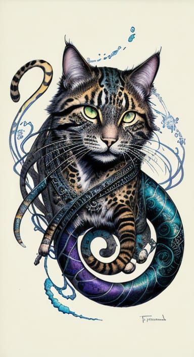 Surreal Tortoiseshell Serpent Cat in Mystical Pop Art Style