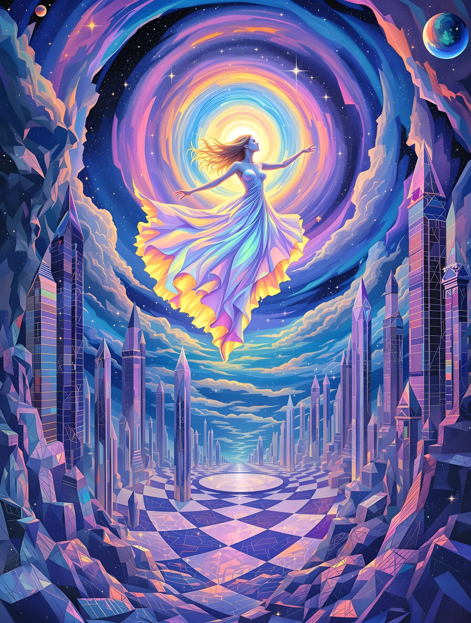 Alice in Cosmic Vortex: Op-Art Illusion