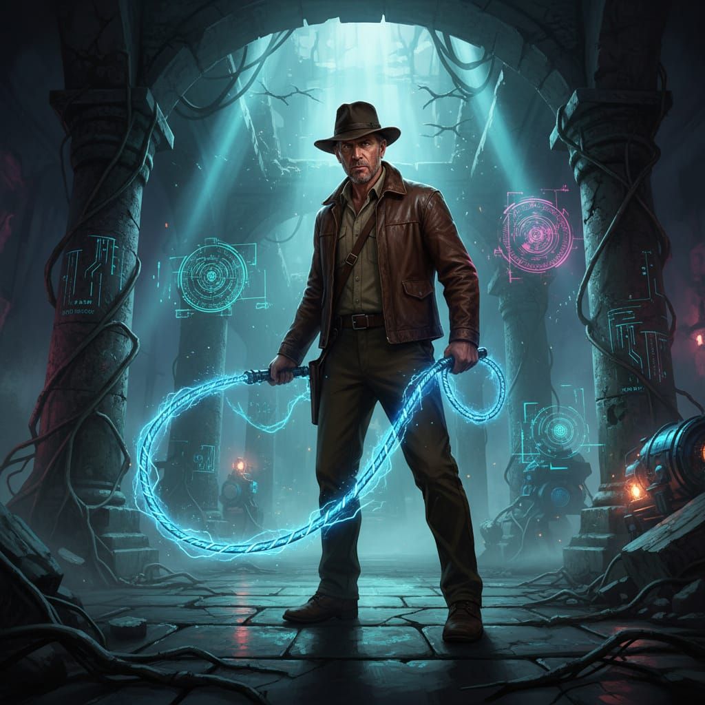 Futuristic Adventurer in Neon Temple, Digital Art