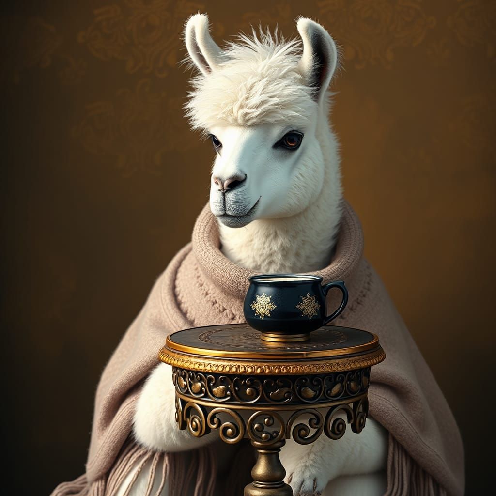 Llama Sipping Cocoa in an Impressionist Style