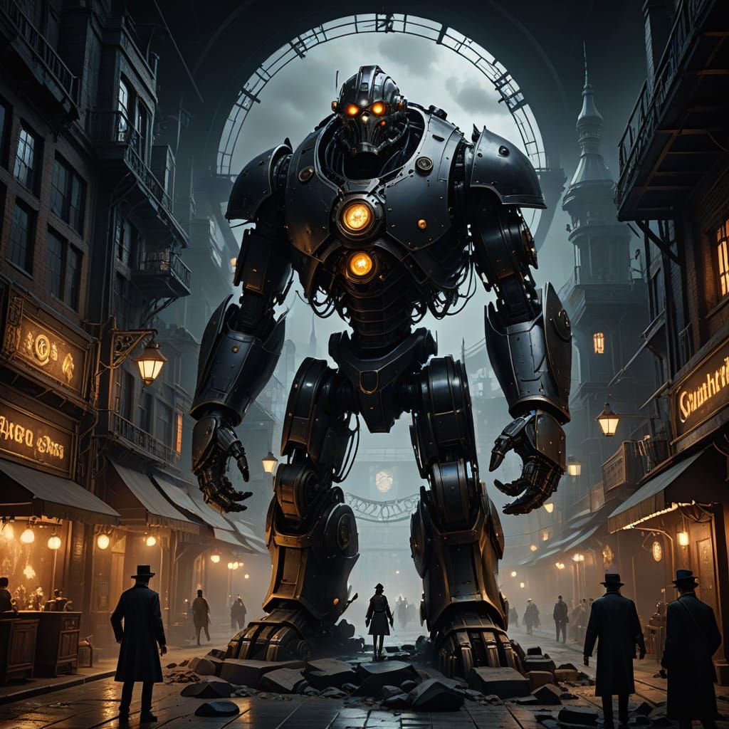 Obsidian Geode Golem in Steampunk Metropolis