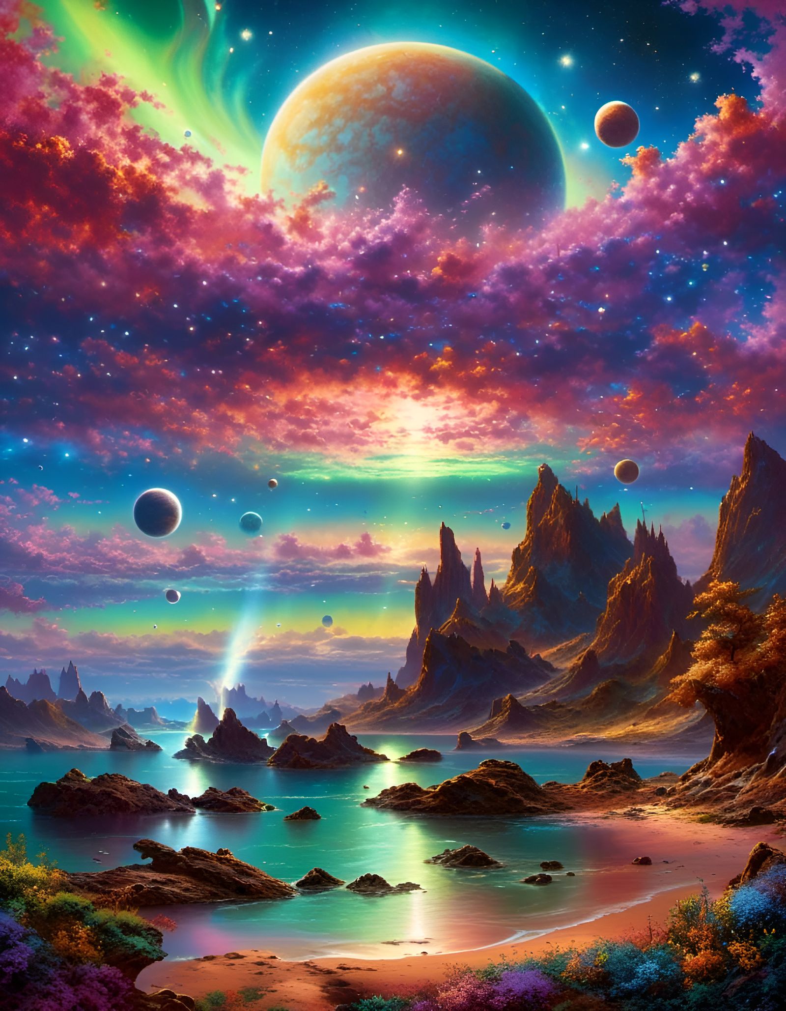 Cosmic Ocean Vista with Aurora Borealis