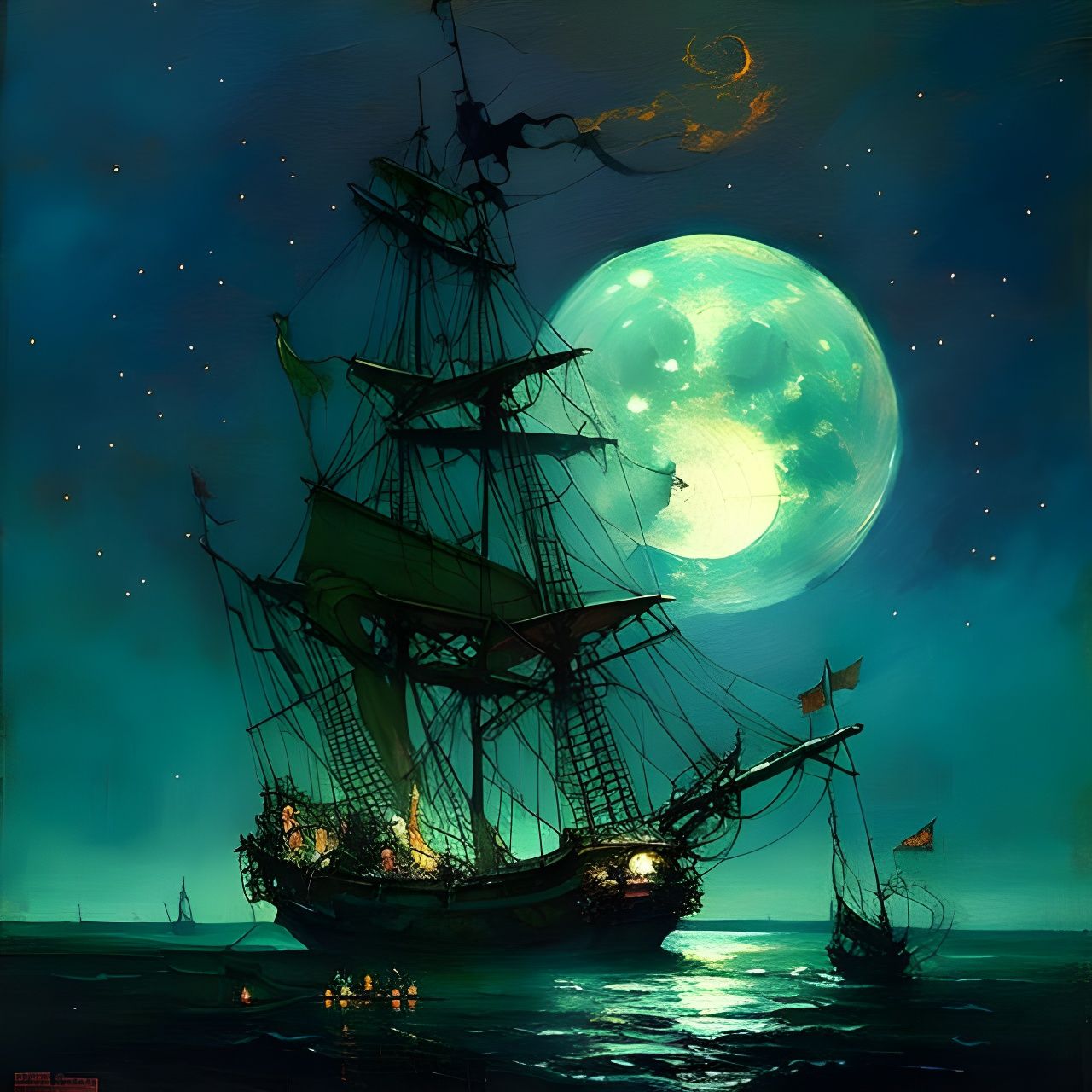 Green Ghost Pirate Ship Under Luminous Moon