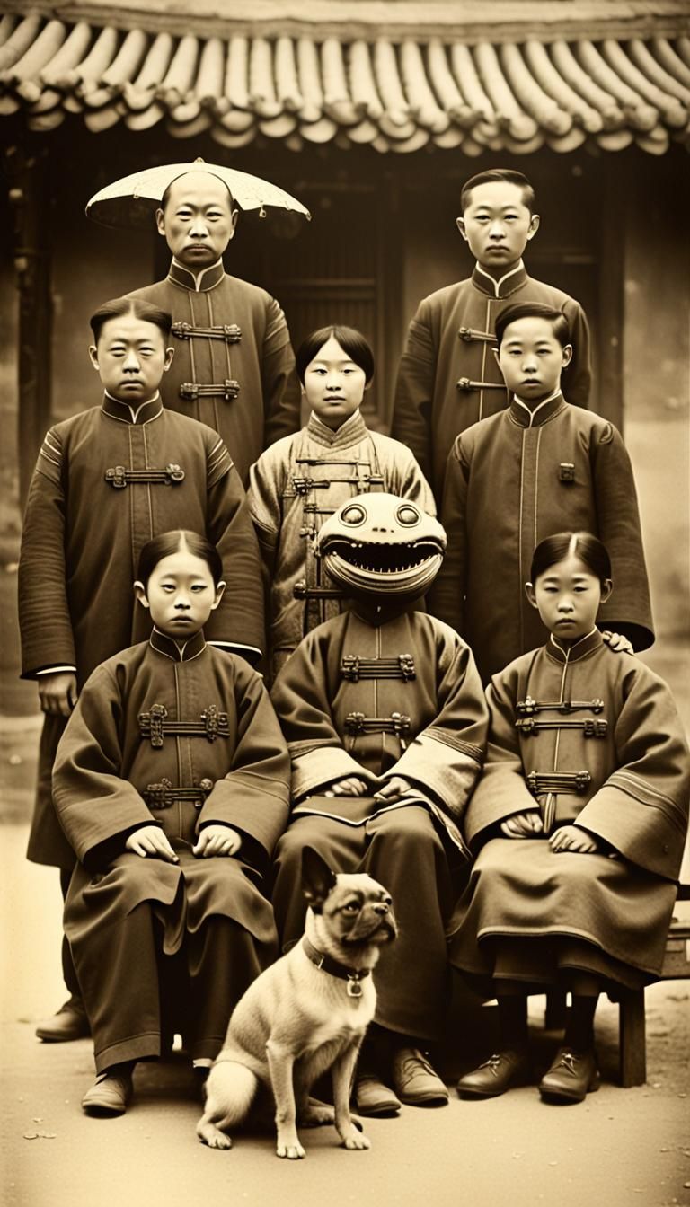 Sepiatone Photo of Qing Dynasty Group with Alien Pet