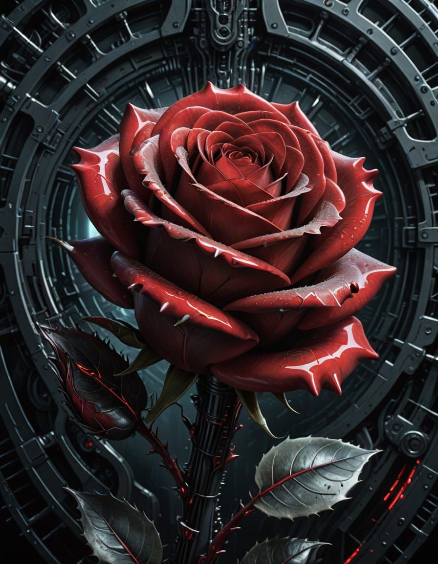Biomechanical Rose in Dark Futuristic Setting