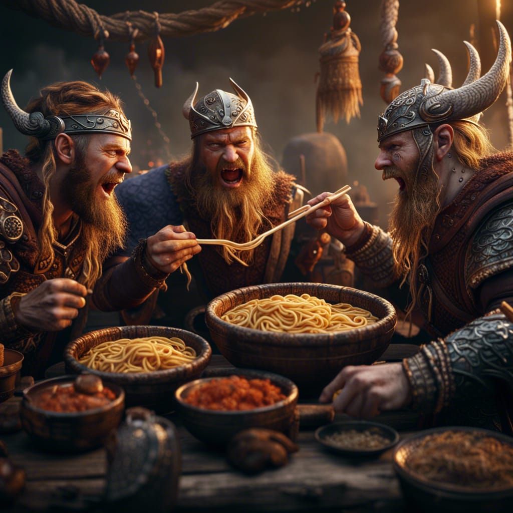 Vikings Eating Ramen: Detailed Fantasy Art