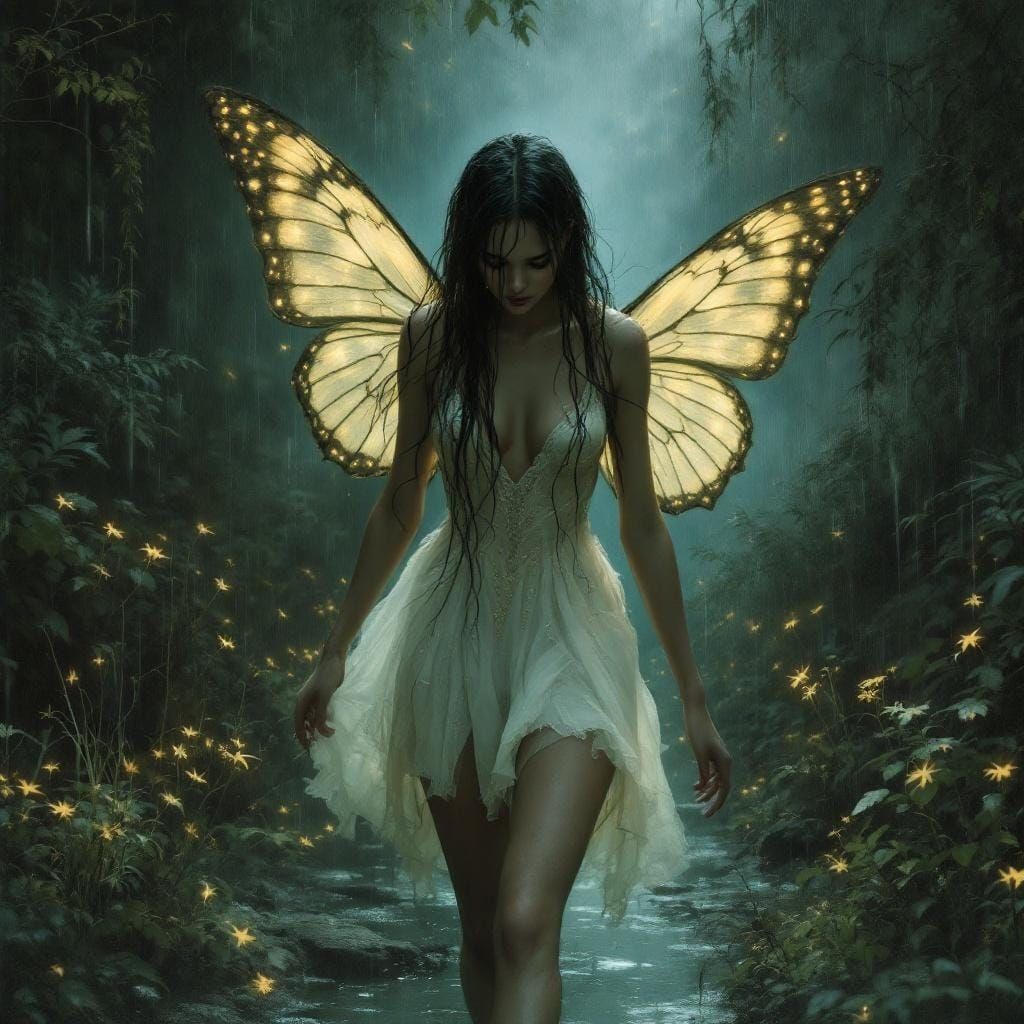 Butterfly Woman in Rainy Forest, Romantic Style