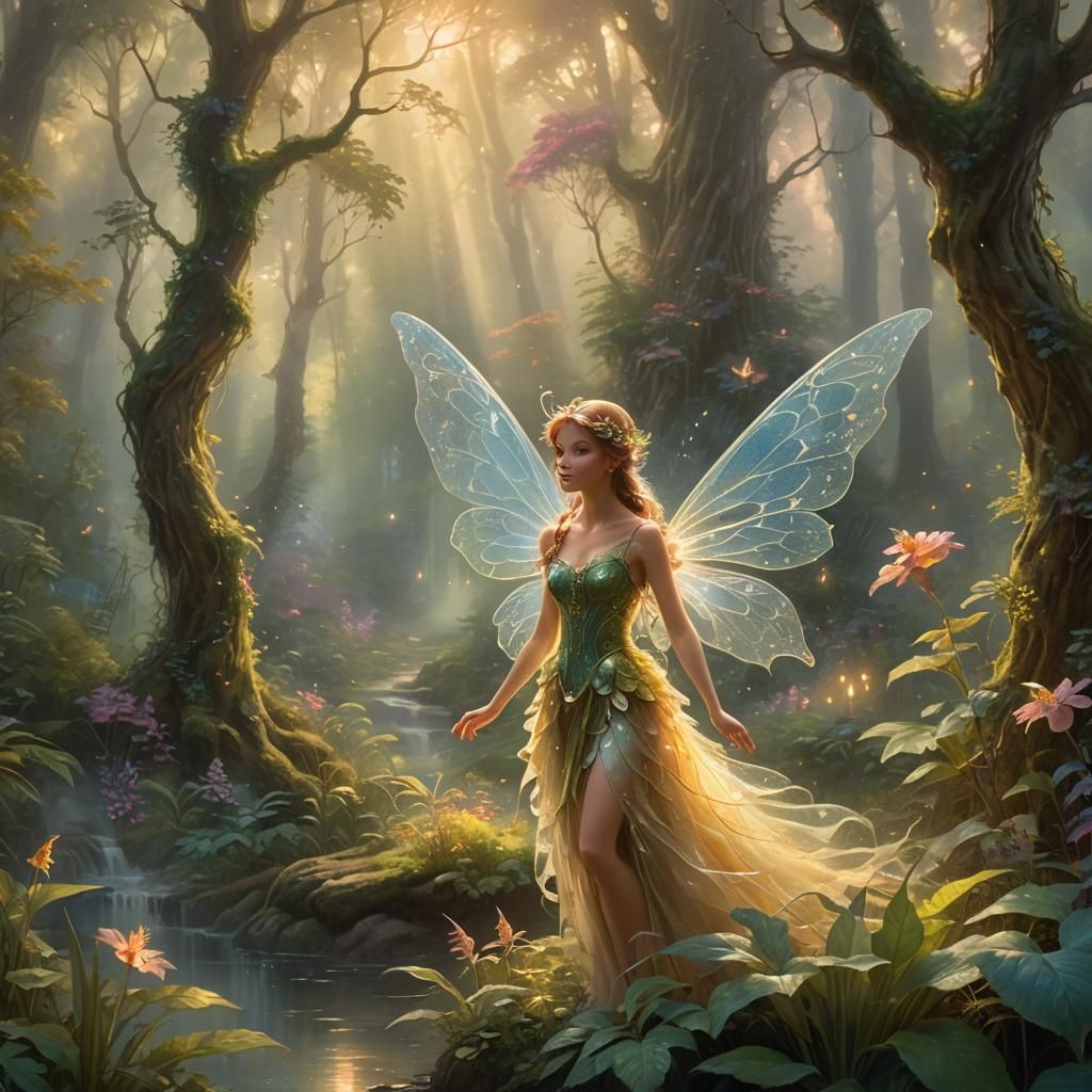 Ethereal Fairy in Enchanted Forest, Fantasy Art
