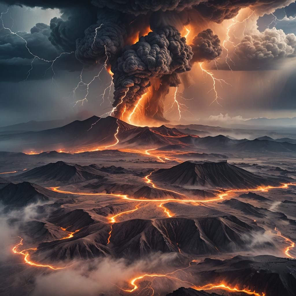 Volcanic Sci-Fi Landscape with Lightning Storm