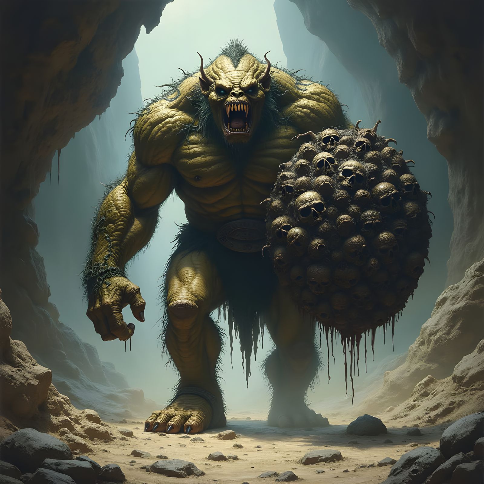 Giant Cave Troll Charging into Battle with Human Shield