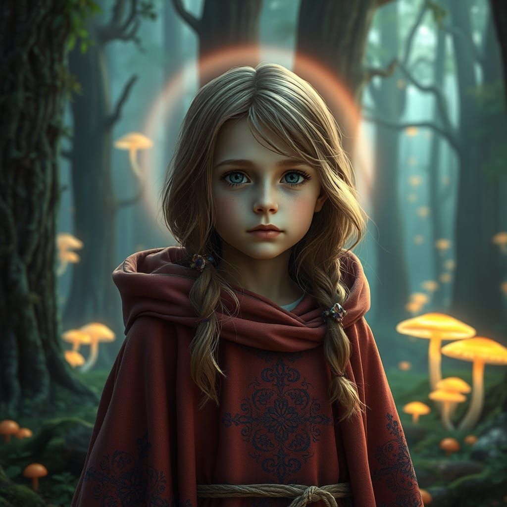 Whimsical Young Girl in Mystical Forest with Glowing Mushroo...