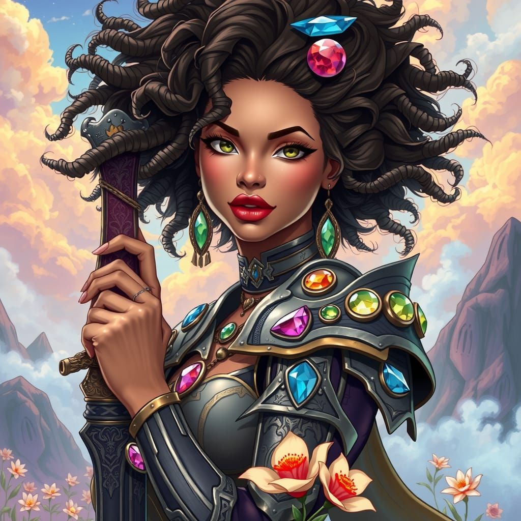 Exotic Woman with Sword in Anime Comic Style