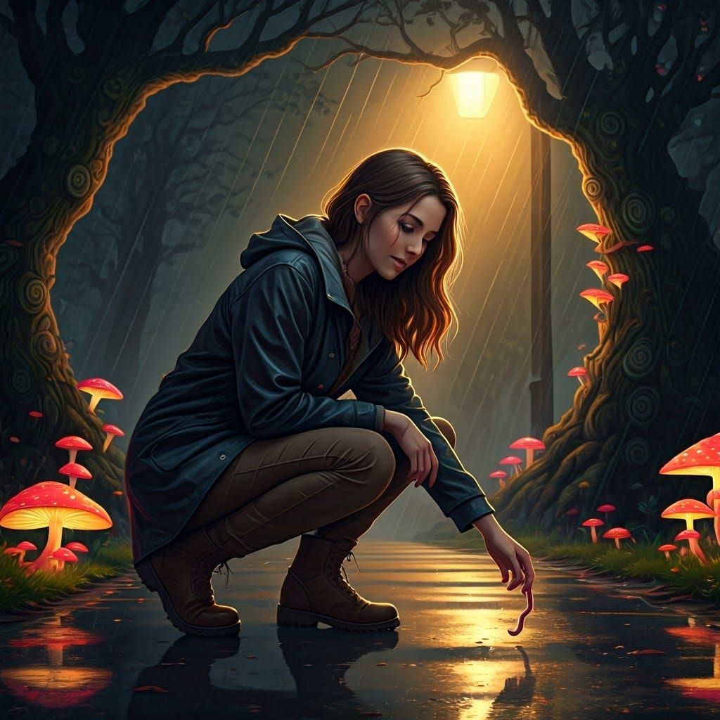 Woman Rescues Worm in Psychedelic Forest at Night