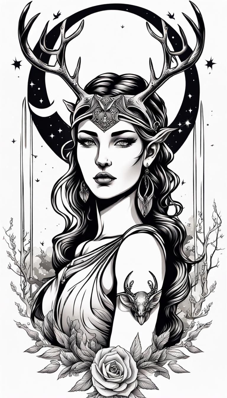 Artemis, Crescent Moon Goddess with Bow and Deer