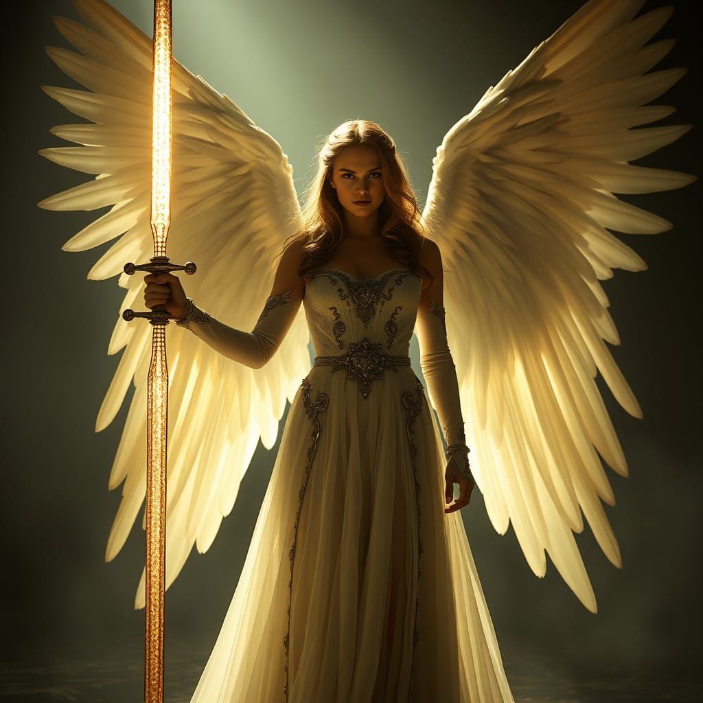 Heroic Angel Emma with Ethereal Sword in Cinematic Style