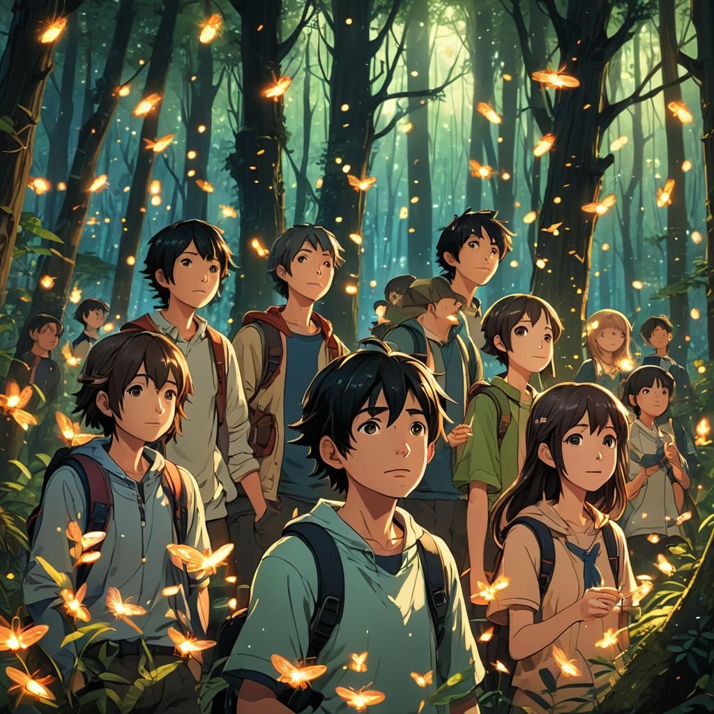 Anime Friends Gathering in a Glowing Forest