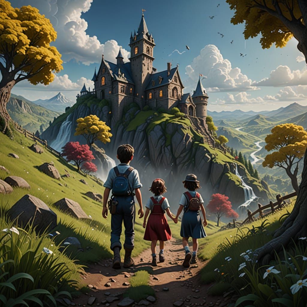 Jack and Jill in a Fantastical, Intricately Detailed Hillsid...