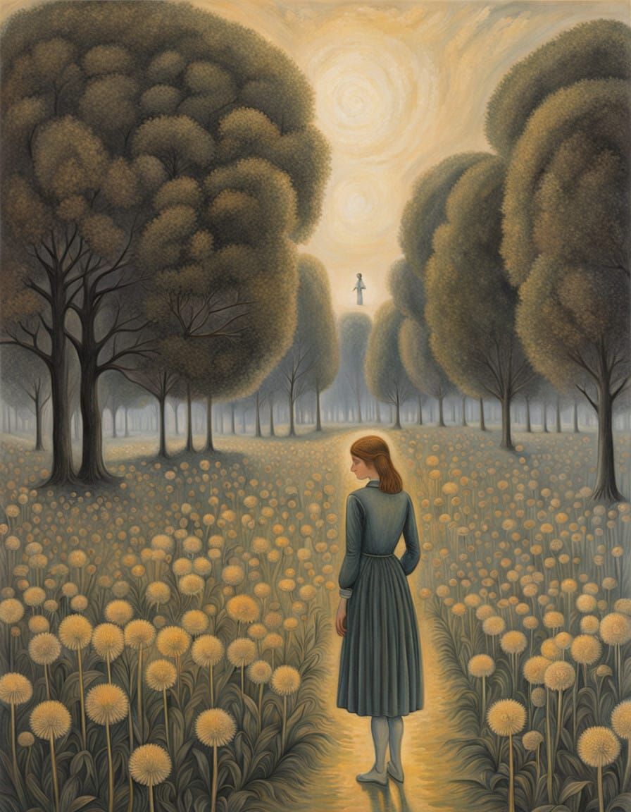 Whimsical Dream Girl Amidst Giant Dandelion Blooms