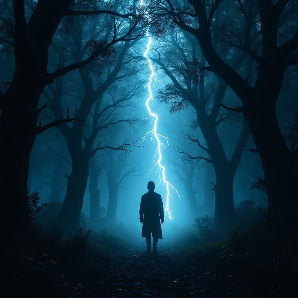 Shadow Man in Stormy Enchanted Forest with Lightning
