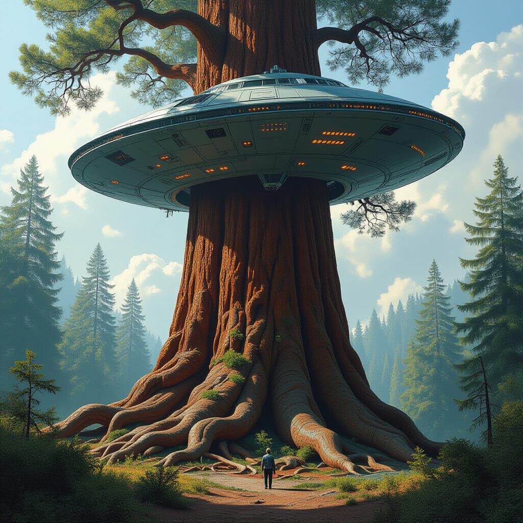 Crashed Spaceship in Giant Redwood: Sci-Fi Surrealism
