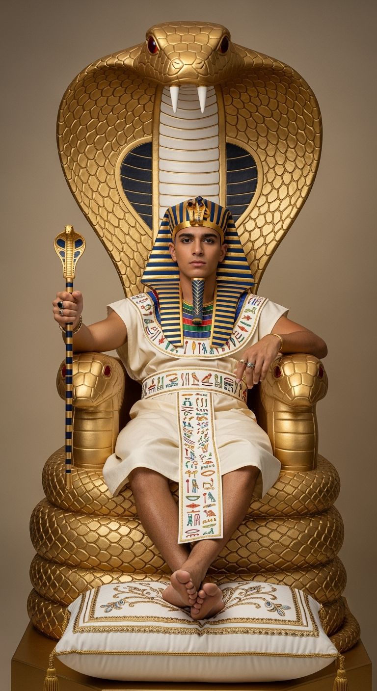 Barefoot Pharaoh on Cobra Throne in Lavish Gold