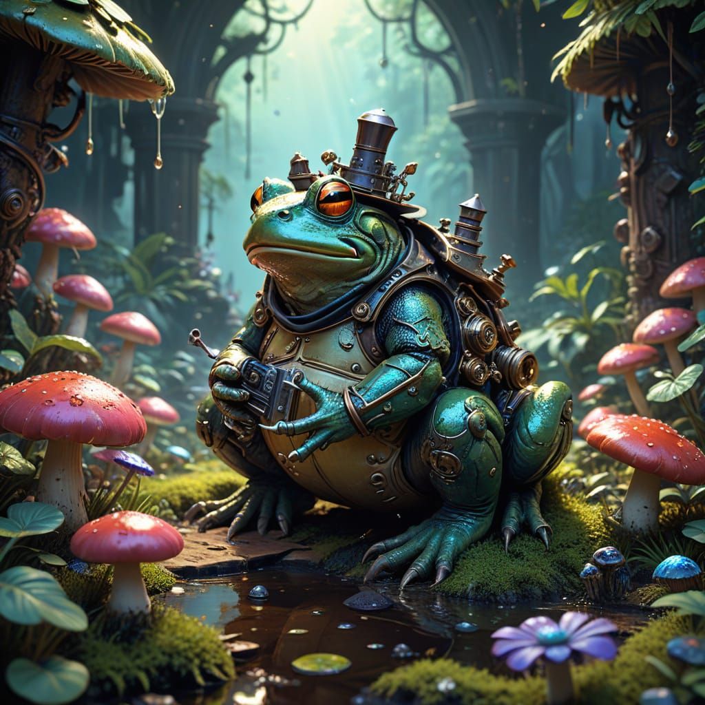 Steampunk Automaton Bullfrog in Whimsical Candyland Landscap...