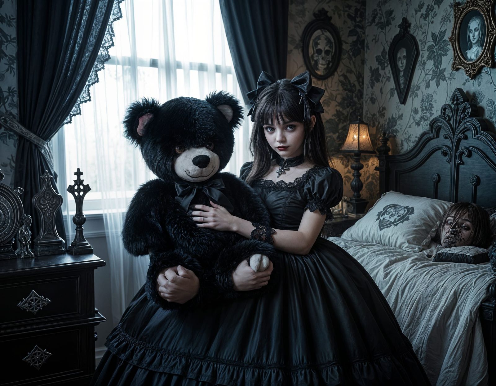 Goth Girl with Evil Vampire Teddy Bear in Cemetery Bedroom
