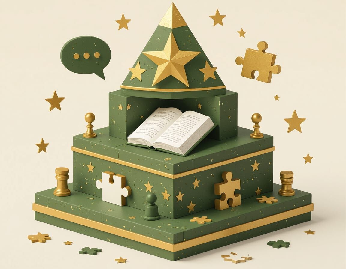 Tiered Pyramid Diagram with Book, Speech Bubble, Puzzle Icon...