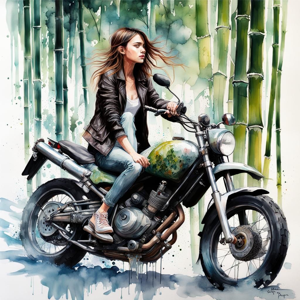 Girl on Motorcycle in Bamboo Grove, Double Exposure Gouache