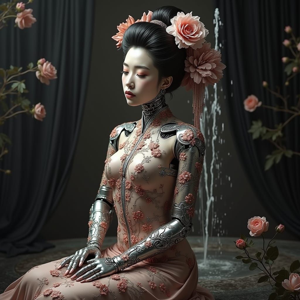 Cyborg Geisha with Floral Etchings and Flowing Water Fountai...
