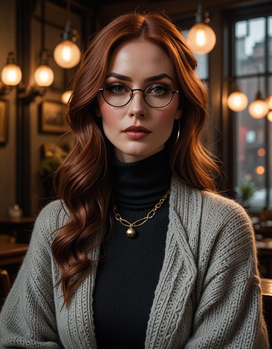 A 30 year old woman with glasses  sits in a room characterized by a warm, inviting atmosphere, illuminated by soft, diff...