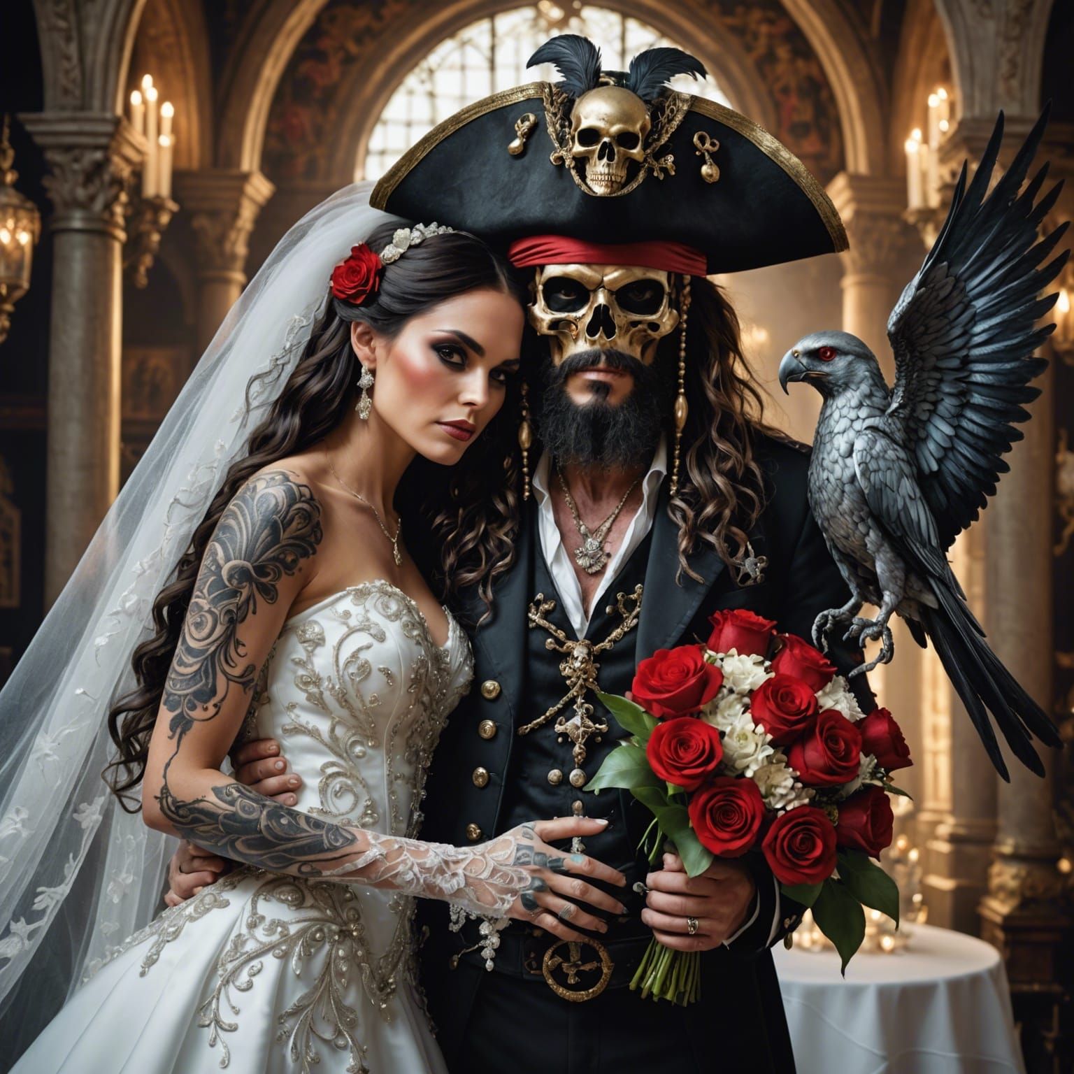 Skull Pirate and Dragon Winged Bride in Gothic Art