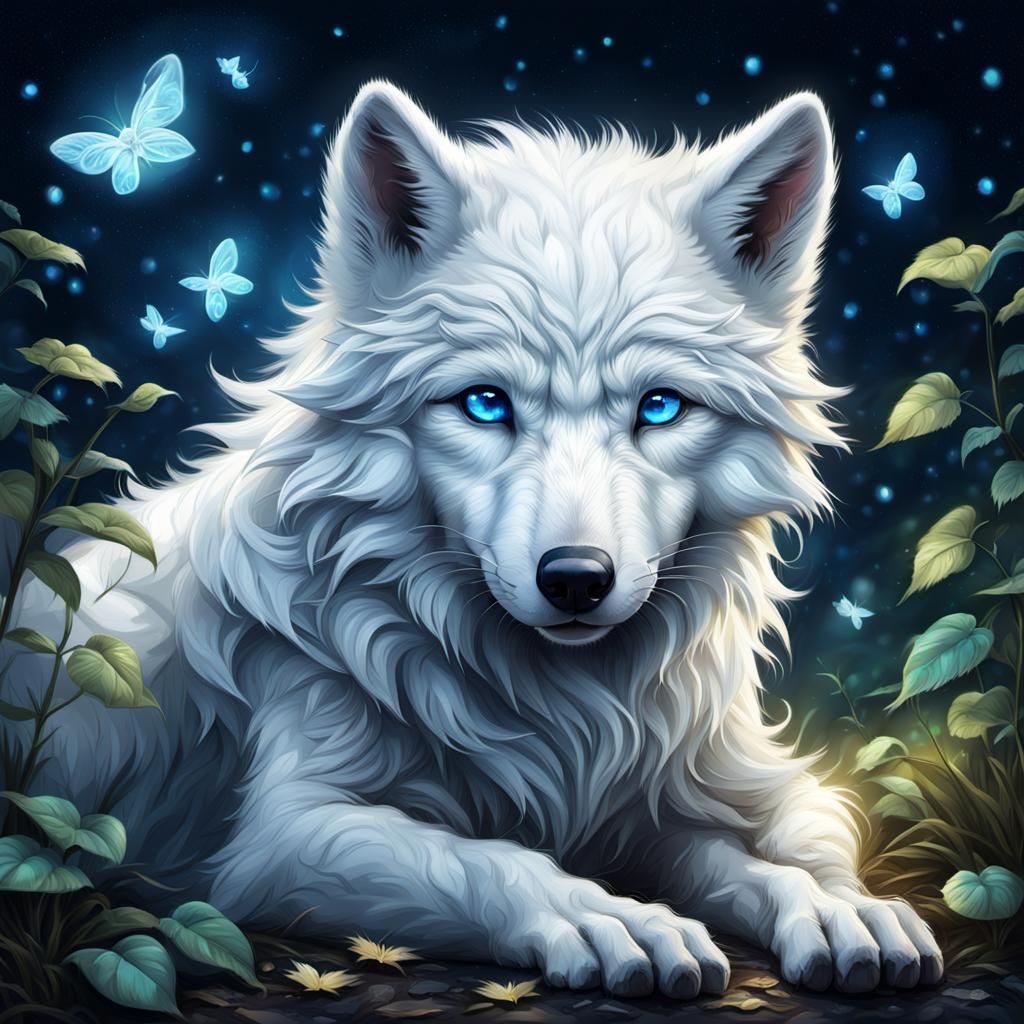 Adorable White Wolf with Blue Eyes in Neon Synthwave